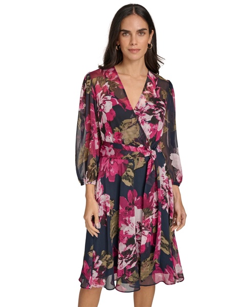 Women's Printed Surplice-Neck A-Line Faux-Wrap Dress