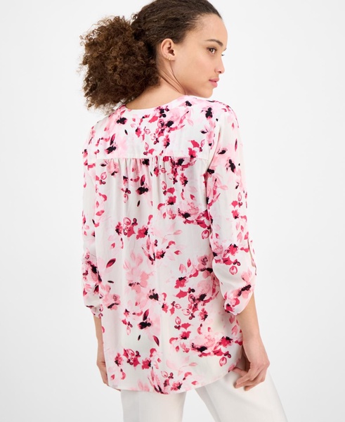 Petite Floral-Print V-Neck Roll-Tab Tunic