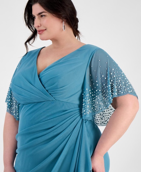 Plus Size Embellished-Sleeve Draped Chiffon Gown