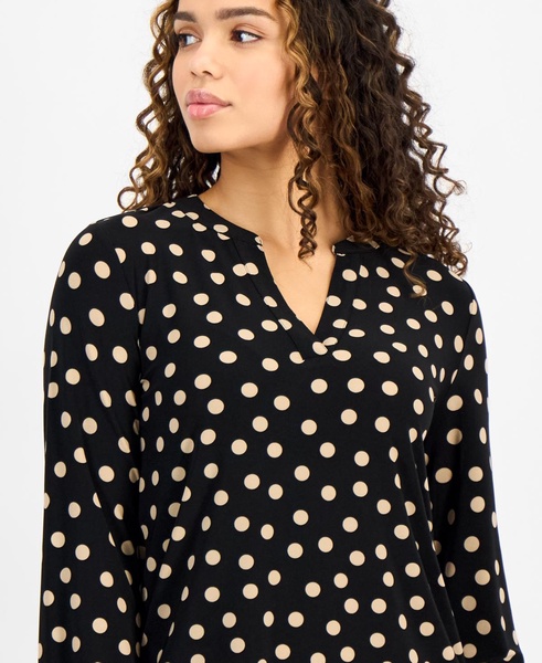 Petite Printed Split-Neck Long-Sleeve Top