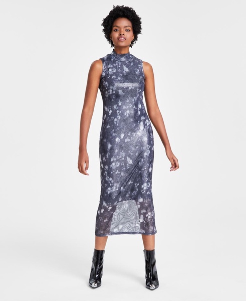 Women's Foil Mesh Mock Neck Sleeveless Midi Dress, Created for Macy's