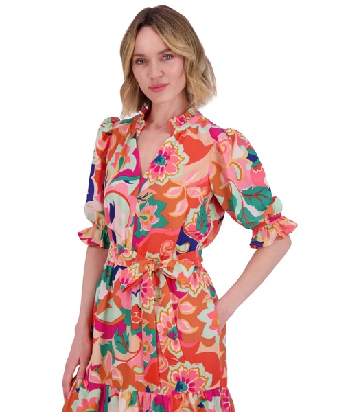 Petite Printed V-Neck Elbow-Sleeve Tie-Waist Dress