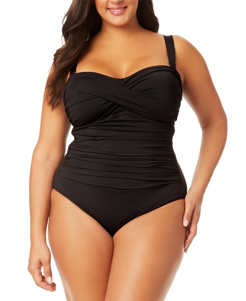 Plus Size Twist-Front Shirred Bandeau One-Piece Swimsuit