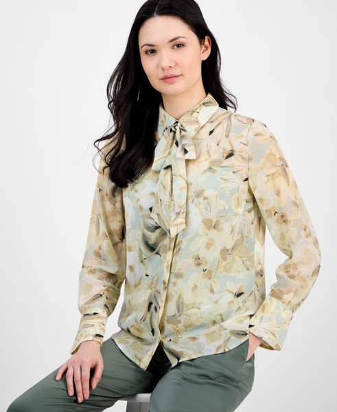 Women's Floral-Print Tie-Neck Blouse