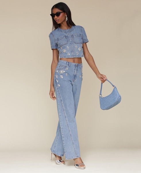 Women's Rhinestone-Trim Hollywood-Waist Wide-Leg Jeans