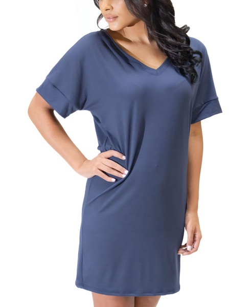 Solid Color Loose Fit V Neck T Shirt Style Women's Knee Length Dress