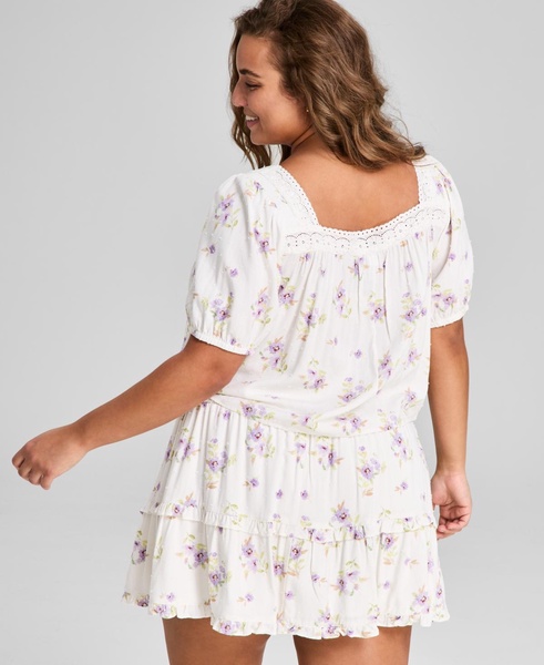 Plus Size Floral-Print Lace-Trim Blouse