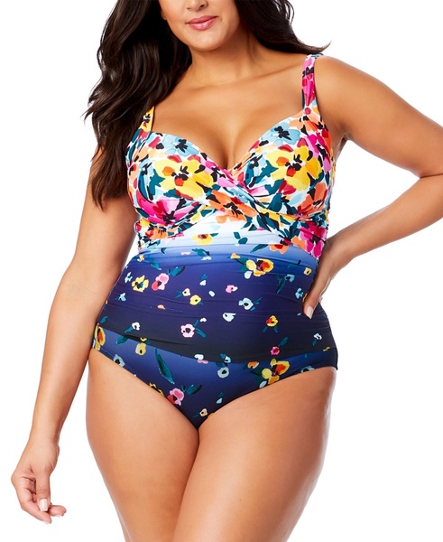 Plus Size Floral-Print Draped-Front Underwire One-Piece Swimsuit