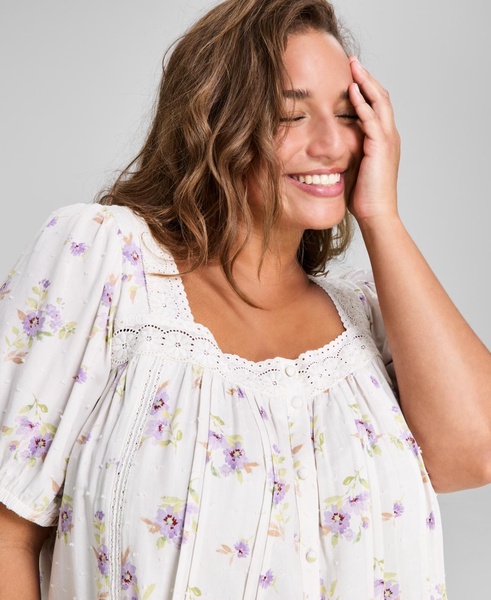 Plus Size Floral-Print Lace-Trim Blouse