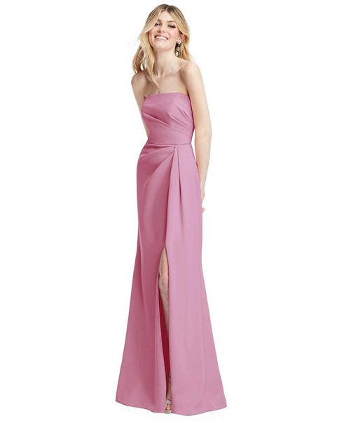 Women's Strapless Pleated Faux Wrap Trumpet Gown with Front Slit