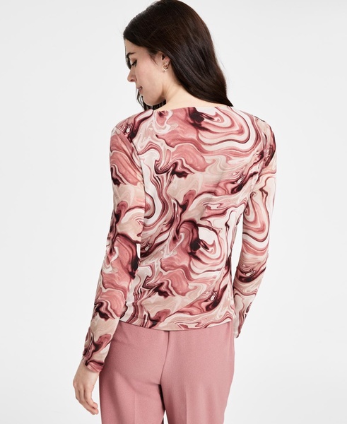 Women's Draped-Neck Swirl-Print Mesh Top, Exclusively at Macy's