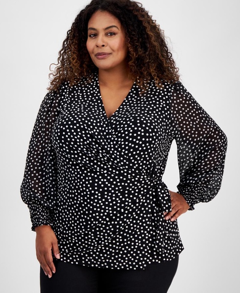 Plus Size Printed Smocked-Cuff Wrap Top