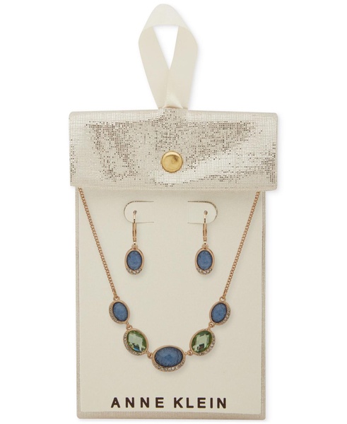 Gold-Tone Pavé & Oval Stone Statement Necklace & Drop Earrings Set 