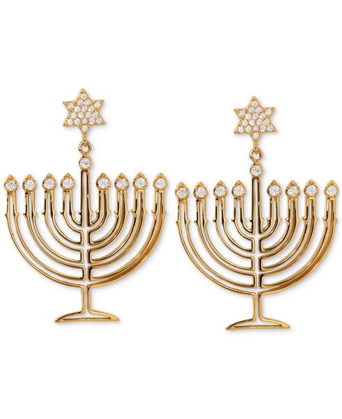 Gold-Tone Cubic Zirconia Polished Menorah Chandelier Drop Earrings