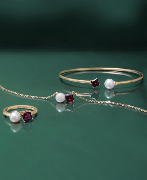 Cultured Freshwater Pearl (7mm) & Rhodolite (5/8 ct. t.w.) Wire Cuff Bangle Bracelet in Gold Vermeil, Exclusively at Macy's