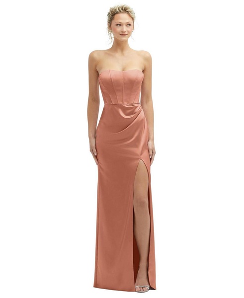 Strapless Topstitched Corset Satin Maxi Dress with Draped Column Skirt