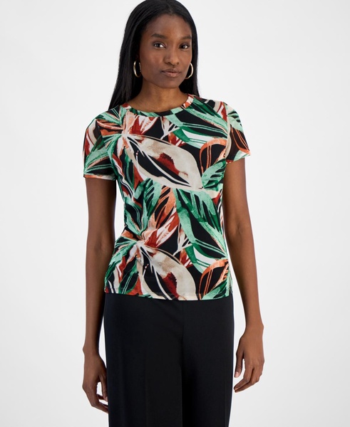 Women's Palm Print Short-Sleeve Mesh Top, Exclusively at Macy's 