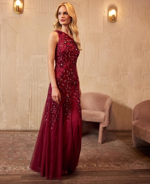 Adrianna Papell Women's Beaded Mesh Long Dress