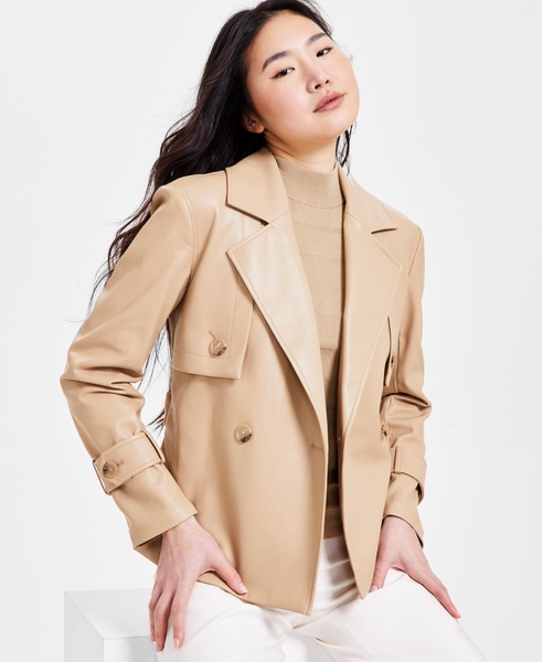 Women's Faux-Leather Belted Short Trench Jacket