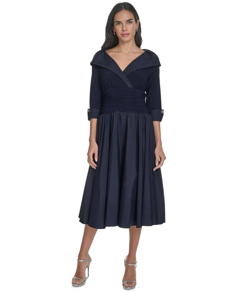 Women's Mixed-Media Fit & Flare Midi Dress