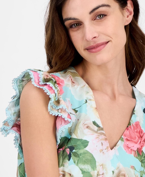 Women's V-Neck Ruffle-Trim Drawstring Midi Dress