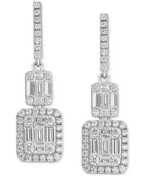 Cubic Zirconia Baguette Cluster Drop Earrings in Sterling Silver