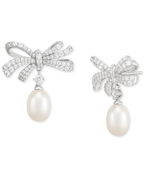 Cultured Freshwater Oval Pearl (11 x 9mm) & Cubic Zirconia Bow Drop Earrings in Sterling Silver