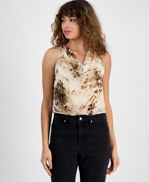 Plus Size Printed Chiffon Cowlneck Sleeveless Top, Exclusively at Macy's