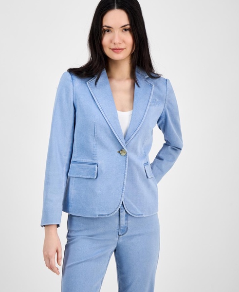 Women's Denim Notched Collar One-Button Blazer