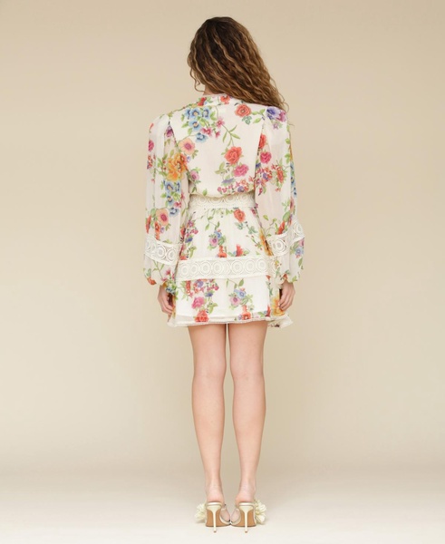 Women's Floral-Print Lace-Trim Chiffon Dress