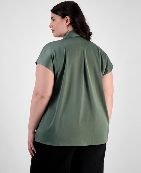Plus Size Cap-Sleeve Satin Collared Blouse
