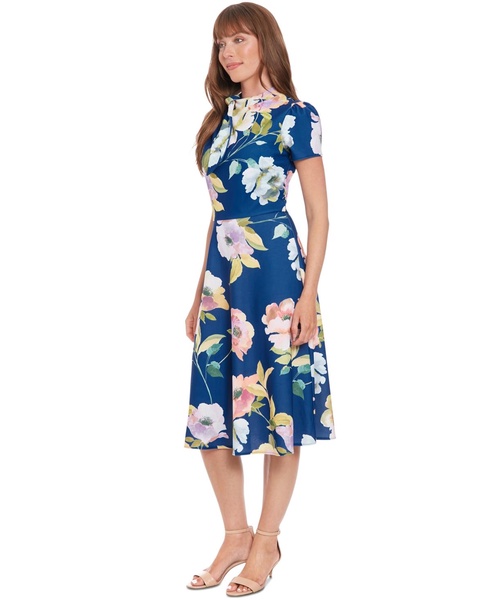 Petite Printed Tie-Neck Puff-Sleeve Midi Dress