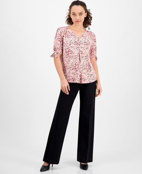 Petite Tie-Cuff Front-Pleated Printed Top
