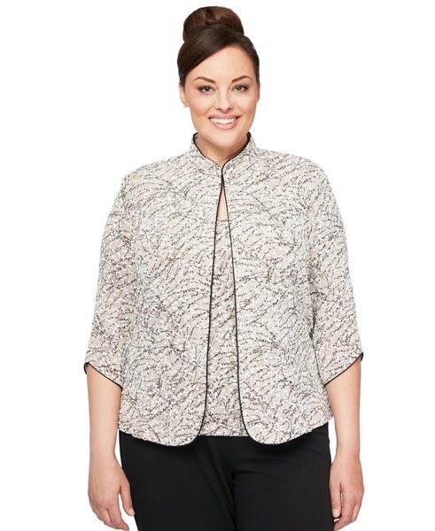 Plus Size Printed Mandarin Jacket & Top Set