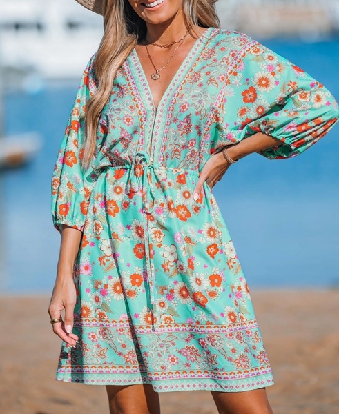Women's Teal Paisley Plunging Mini Beach Dress
