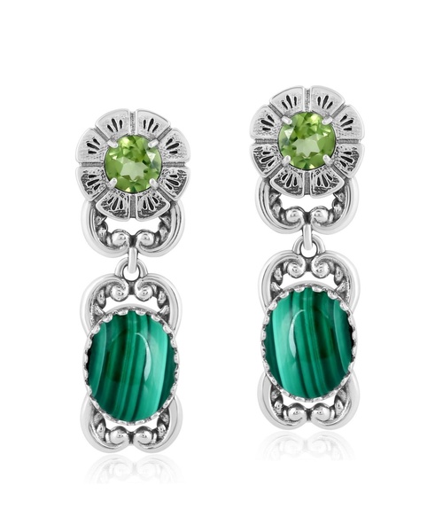 Sterling Silver Malachite Peridot Desert Bloom Dangle Earrings