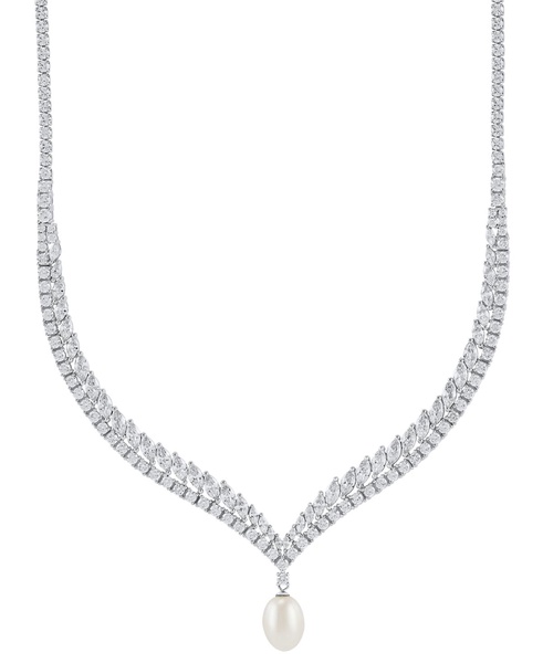 Cultured Freshwater Pearl (9x11mm) & Cubic Zirconia 17" Collar Necklace in Sterling Silver
