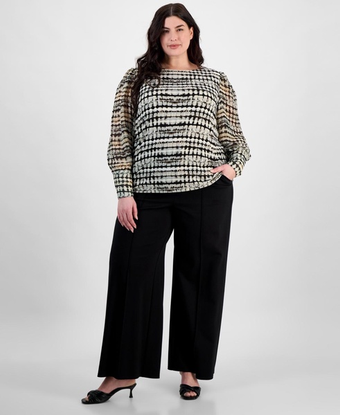 Plus Size Printed Chiffon Sheer-Sleeve Top