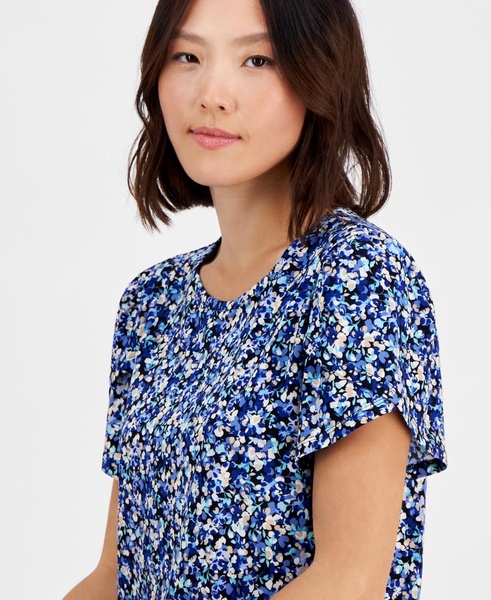 Petite Gathered-Tulip Short-Sleeve Printed Top
