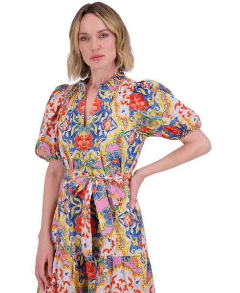 Women's Printed Cotton Ruffle-Neck Tie-Waist Dress