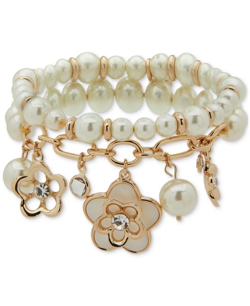 Gold-Tone Mixed Stone Flower Charm Double-Row Stretch Bracelet