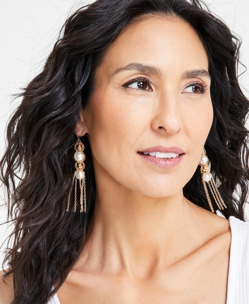 Gold-Tone Chain-Wrapped Bead & Imitation Pearl Statement Earrings, Created for Macy's