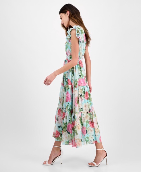 Women's V-Neck Ruffle-Trim Drawstring Midi Dress