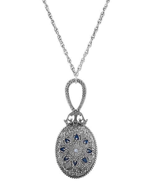 Silver-Tone, Pewter Oval Mirror With Blue Enamel and Light Sapphire Necklace