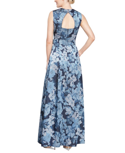 Women's Floral Jacquard Square-Neck Belted Gown