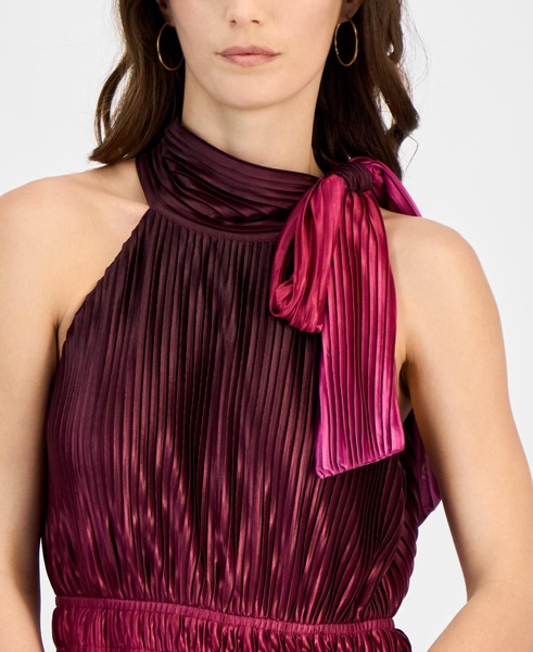 Women's Pleated Bow-Neck Midi Dress