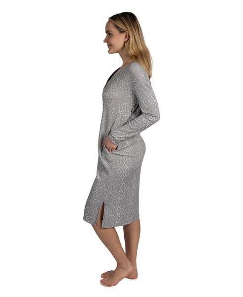 Women's Long Sleeve Fleece Henley Long Nightshirt Lounger