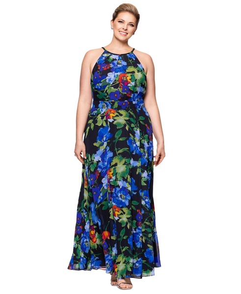 Plus Size Floral-Print Halter Gown