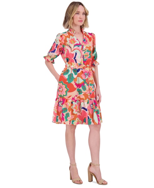 Petite Printed V-Neck Elbow-Sleeve Tie-Waist Dress
