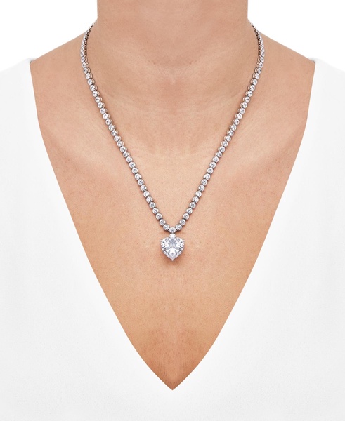 Cubic Zirconia Heart & Bezel-Set 18" Pendant Necklace in Sterling Silver
